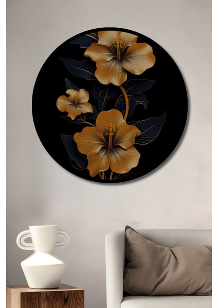 Çerçeve Görünümlü Altın Çiçekler Dekoratif Ahşap Mdf Ev Duvar Tablo Yuvarlak Ev Duvar Tablo
