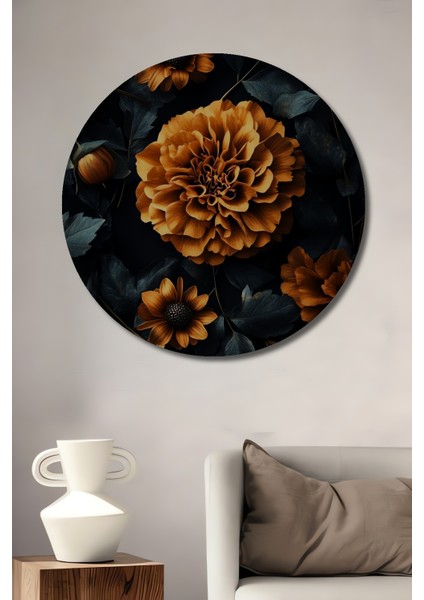 Altın Çiçek Demeti Dekoratif Ahşap Mdf Ev/işyeri Duvar Tablo Yuvarlak Ev/işyeri Duvar Tablo