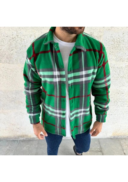 Mdb Erkek Ekose Desenli Düğmeli Polar Yakalı Uzun Kollu Gömlek Oversize Rahat Kalıp Yeşil fiyatları