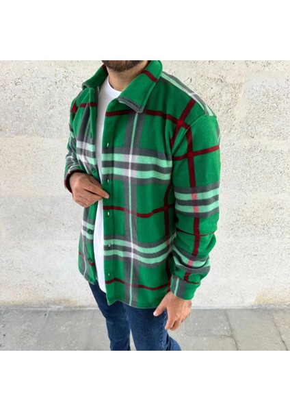 Mdb Erkek Ekose Desenli Düğmeli Polar Yakalı Uzun Kollu Gömlek Oversize Rahat Kalıp Yeşil fırsatları