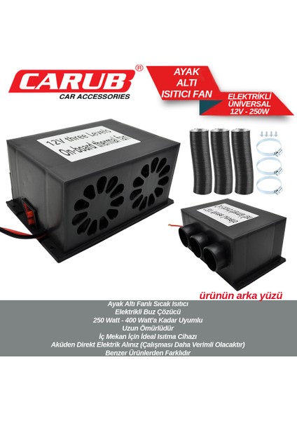 Carub 12VOLT Araç Içi Ayak Altı Fanlı Elektrikli Isıtıcı 250WALT