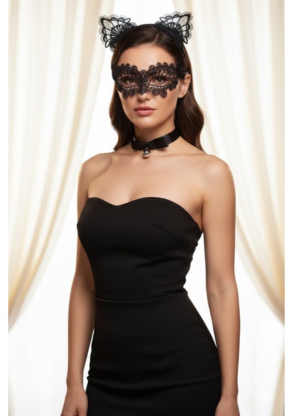 3 Parça Siyah Kedi Kostüm Aksesuar Seti - Dantel Kulaklar Maske Boyunluk