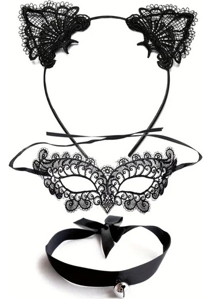 3 Parça Siyah Kedi Kostüm Aksesuar Seti - Dantel Kulaklar Maske Boyunluk fiyatları