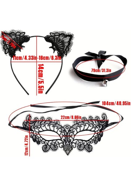 3 Parça Siyah Kedi Kostüm Aksesuar Seti - Dantel Kulaklar Maske Boyunluk modelleri