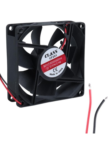 CF-241 DC12V 80X80X25MM Aksiyel Fan - 20CM Siyah-Kırmızı Güç Kablolu