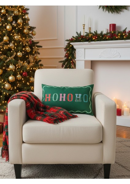 Ho Ho Ho Yazılı Yılbaşı Temalı Çift Taraflı Süet Kırlent Kılıfı - Yılbaşı Kırlent Kılıfı