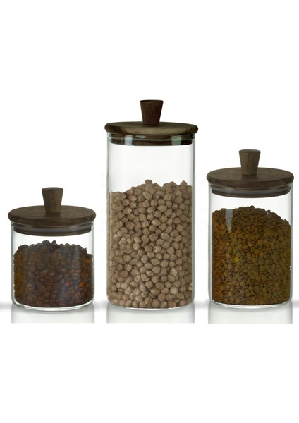 3'lü Silindirik Sap Akasya Kapaklı Yüksek Borosilikat Cam Saklama Kavanozu Seti - 500ML - 1000ML - 1500ML -