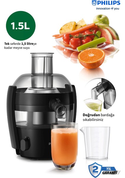 Maksimum Meyve Suyu. Minimum Zahmet-Viva Collection Katı Meyve Sıkacağı, 500W, 1,5 Lt, Quickclean, Damlama Önleyici, HR1832/00