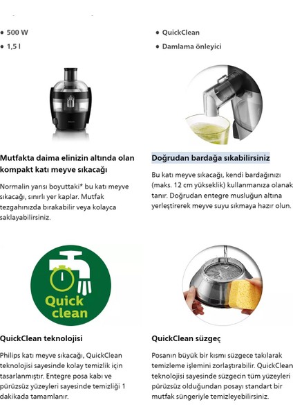 Maksimum Meyve Suyu. Minimum Zahmet-Viva Collection Katı Meyve Sıkacağı, 500W, 1,5 Lt, Quickclean, Damlama Önleyici, HR1832/00 modelleri