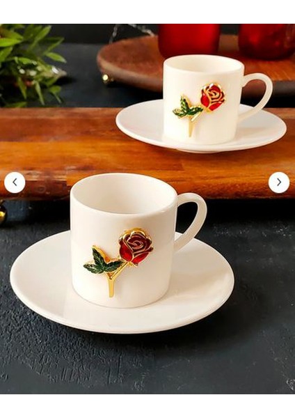Fine Living Gül Işlemeli 4 Parça 2 Kişilik Porselen Kahve Fincan Takımı