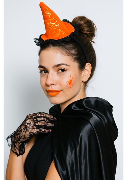 Halloween Cadılar Bayramı Taç Mini Cadı Şapkası Şeklinde Tüllü Turuncu-Siyah Varaklı Örümcek Ağı Desenli