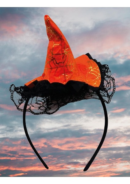 Halloween Cadılar Bayramı Taç Mini Cadı Şapkası Şeklinde Tüllü Turuncu-Siyah Varaklı Örümcek Ağı Desenli fiyatları