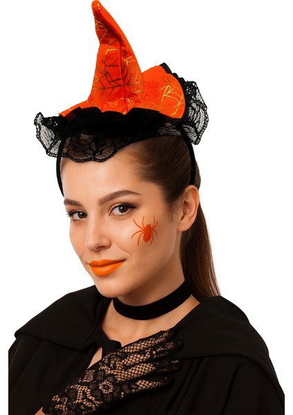Halloween Cadılar Bayramı Taç Mini Cadı Şapkası Şeklinde Tüllü Turuncu-Siyah Varaklı Örümcek Ağı Desenli modelleri