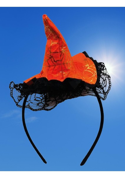 Halloween Cadılar Bayramı Taç Mini Cadı Şapkası Şeklinde Tüllü Turuncu-Siyah Varaklı Örümcek Ağı Desenli fırsatları