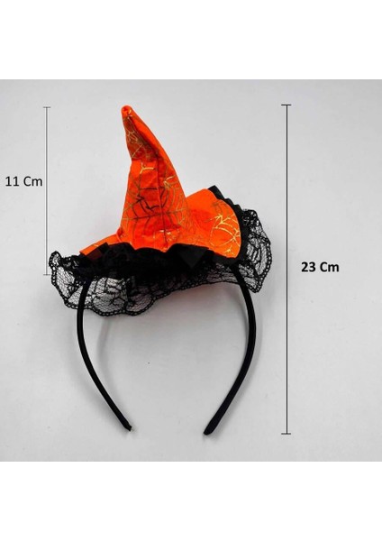 Halloween Cadılar Bayramı Taç Mini Cadı Şapkası Şeklinde Tüllü Turuncu-Siyah Varaklı Örümcek Ağı Desenli