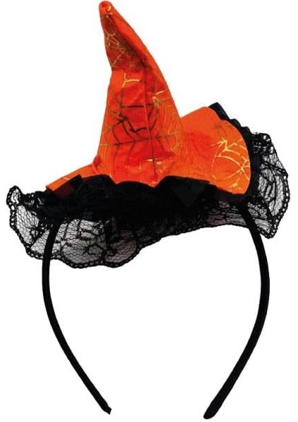 Halloween Cadılar Bayramı Taç Mini Cadı Şapkası Şeklinde Tüllü Turuncu-Siyah Varaklı Örümcek Ağı Desenli