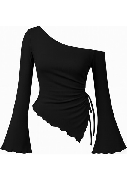 Kadın Siyah Uzun Ispanyol Kollu Asimetirik Yaka Yandan Bağlamalı Drapeli Bluz fiyatları