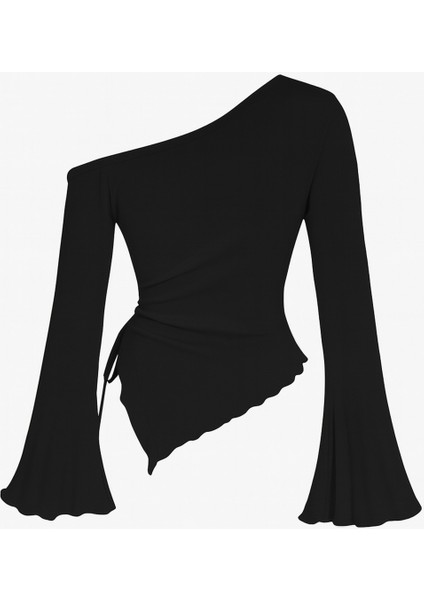 Kadın Siyah Uzun Ispanyol Kollu Asimetirik Yaka Yandan Bağlamalı Drapeli Bluz modelleri