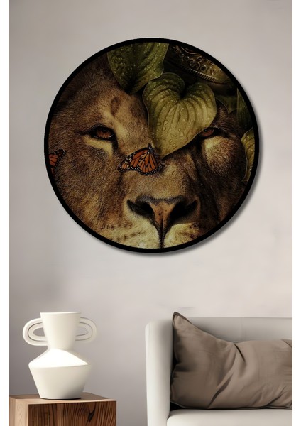 Çerçeve Görünümlü Aslan Kral Taçlı Ahşap Mdf Dekoratif Ev Duvar Tablo Yuvarlak Ev Duvar Tablo