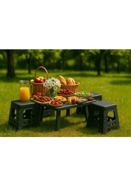 Katlanır Kamp Masası Seti + 2 Tabure | 32 Parça Piknik Seti Hediyeli | Taşınabilir Masa 50X40X40 cm | En Çok Satan Model
