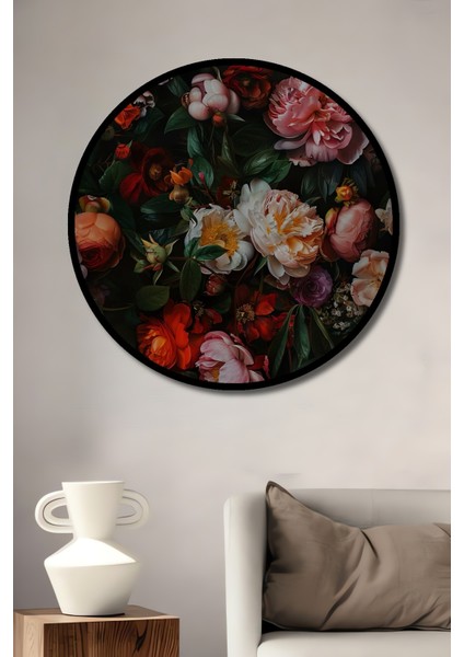 Çerçeve Görünümlü Çiçek Bahçesi Dekoratif Ahşap Mdf Ev Duvar Tablo Yuvarlak Ev Duvar Tablo
