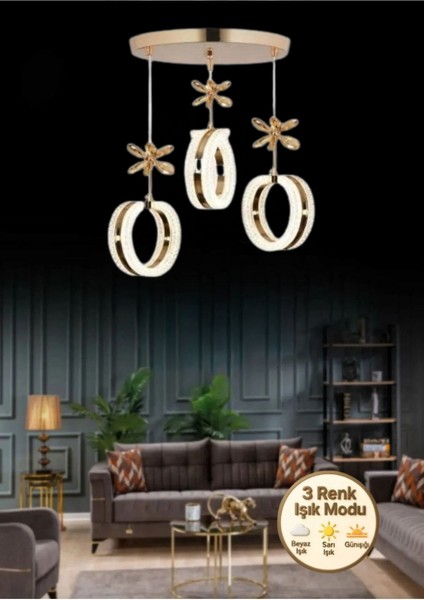 Aurea Model 3’lü Gold 3 Renk Modu Ledli Salon Mutfak Oturma Odası Sarkıt LED Avize
