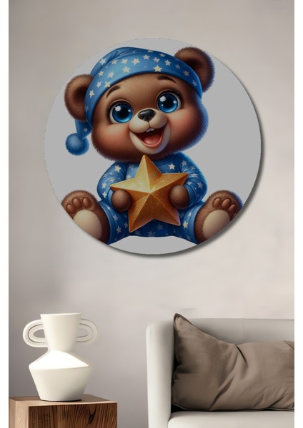 Sevimli Ayı Yıldızlı Ahşap Mdf Dekoratif Ev/işyeri Duvar Tablo Yuvarlak Ev/işyeri Duvar Tablo