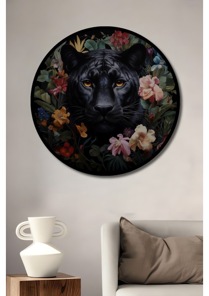 Çerçeve Görünümlü Siyah Panter Çiçekler Arasında Dekoratif Ahşap Mdf Tablo Yuvarlak Tablo