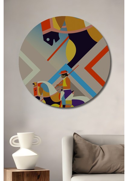 Renkli At ve Binici Soyut Dekoratif Ahşap Mdf Ev/işyeri Duvar Tablo Yuvarlak Ev/işyeri Duvar Tablo