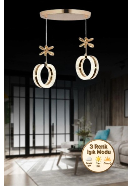 Aurea Model 2’li Gold 3 Renk Modu Ledli Salon Mutfak Oturma Odası Sarkıt LED Avize