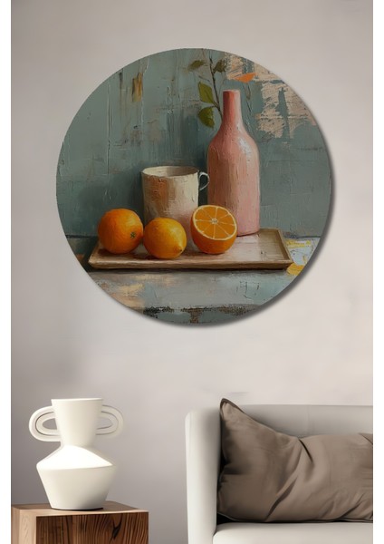 Portakal ve Vazo Dekoratif Ahşap Mdf Ev/işyeri Duvar Tablo Yuvarlak Ev/işyeri Duvar Tablo