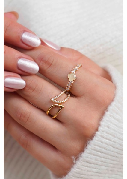 Baget Taşlı & Minimal Gold 2’li Kadın Yüzük Seti – Ayarlanabilir