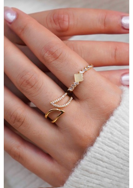 Baget Taşlı & Minimal Gold 2’li Kadın Yüzük Seti – Ayarlanabilir fiyatları