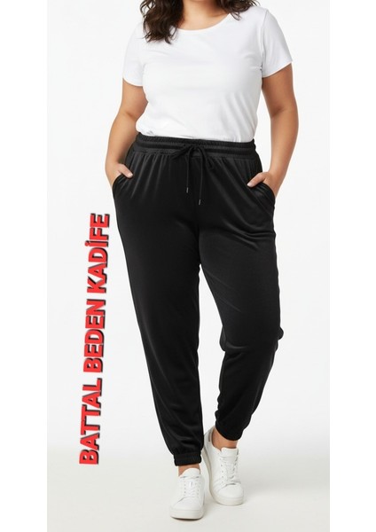 Kadın Bayan Battal Büyük Beden Fransız Kadife Çift Cepli Paça Manşetli Bel Lastikli Kordonlu Bol Rahat Kalıp Eşofman Altı Pijama Tayt Pantolon