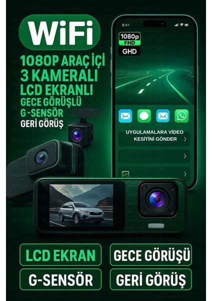 Wifi 1080P Araç Içi 3 Kameralı LCD Ekranlı Gece Görüşlü , G-Sensör , Geri Görüş Kamera