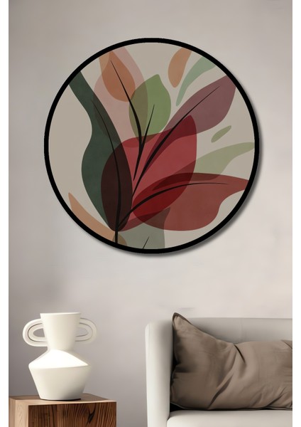 Çerçeve Görünümlü Soyut Yapraklar Ahşap Mdf Dekoratif Ev Duvar Tablo Yuvarlak Ev Duvar Tablo