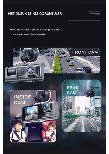 Siyah 1080P Araç Içi 3 Kameralı LCD Ekranlı Gece Görüşlü , G-Sensör , Geri Görüş Kamera