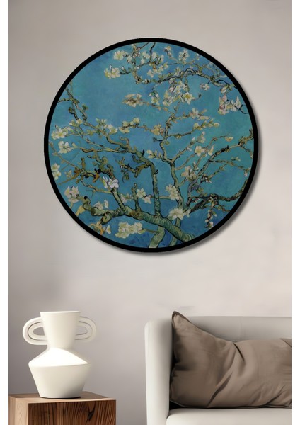 Çerçeve Görünümlü Van Gogh Badem Ağacı Dekoratif Ahşap Mdf Ev Duvar Tablo Yuvarlak Ev Duvar Tablo