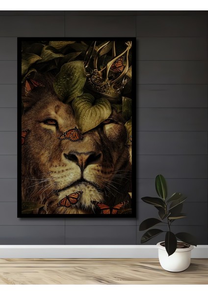Çerçeve Görünümlü Aslan Kral Taçlı Ahşap Mdf Dekoratif Ev Duvar Tablo Dikdörtgen Ev Duvar Tablo