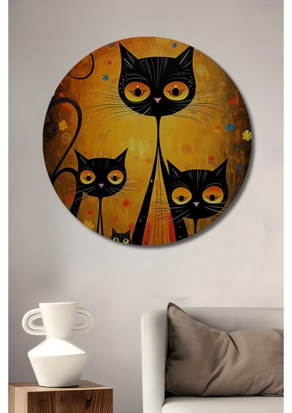 Renkli Büyülü Kedi Ailesi Ahşap Mdf Dekoratif Ev/işyeri Duvar Tablo Yuvarlak Ev/işyeri Duvar Tablo