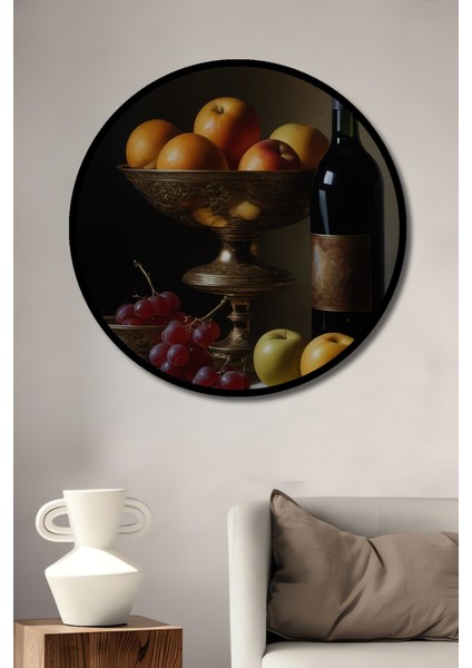 Çerçeve Görünümlü Meyve ve Şarap Ahşap Mdf Dekoratif Ev Duvar Tablo Yuvarlak Ev Duvar Tablo