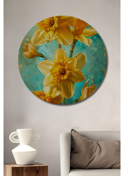 Sarı Nergis Ahşap Mdf Dekoratif Ev/işyeri Duvar Tablo Yuvarlak Ev/işyeri Duvar Tablo