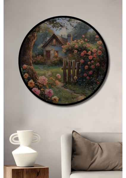 Çerçeve Görünümlü Gül Bahçesi Ahşap Mdf Dekoratif Işyeri Duvar Tablo Yuvarlak Işyeri Duvar Tablo