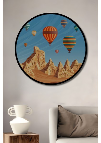 Çerçeve Görünümlü Kapadokya Balon Turu Dekoratif Ahşap Mdf Ev Duvar Tablo Yuvarlak Ev Duvar Tablo