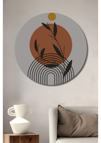 Soyut Güneş ve Bitki Motifli Dekoratif Ahşap Mdf Tablo Yuvarlak Tablo