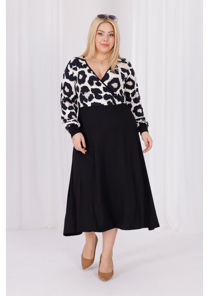 Kadın Vizon Siyah Leopar Desen Bloklu Kruvaze Yaka Balon Kol Büyük Beden Esnek Maxi Elbise