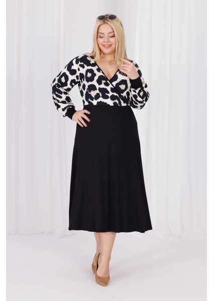 Kadın Vizon Siyah Leopar Desen Bloklu Kruvaze Yaka Balon Kol Büyük Beden Esnek Maxi Elbise fiyatları