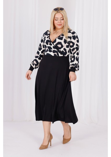 Kadın Vizon Siyah Leopar Desen Bloklu Kruvaze Yaka Balon Kol Büyük Beden Esnek Maxi Elbise modelleri