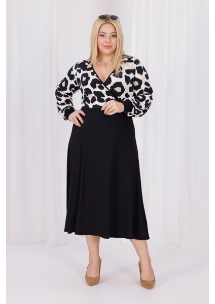 Kadın Vizon Siyah Leopar Desen Bloklu Kruvaze Yaka Balon Kol Büyük Beden Esnek Maxi Elbise fırsatları