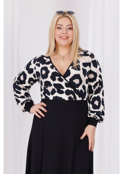 Kadın Vizon Siyah Leopar Desen Bloklu Kruvaze Yaka Balon Kol Büyük Beden Esnek Maxi Elbise indirimleri
